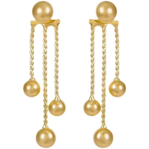 Elegant gold long tassel drop earrings with spheres and twisted chains on white background