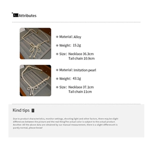 Detailed specs showing weight and length for vintage bow and imitation pearl necklaces