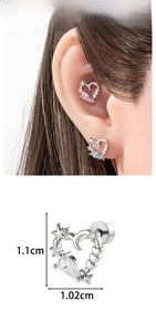 Detail of thorn heart cartilage stud with teardrop zircon showing 1.1cm dimensions