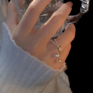 Gold plated double layer open ring with elegant pearl and zirconia tassel for women