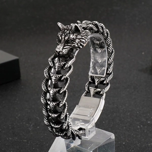 Bracelet Tête De Loup Pour Hommes Acier Inoxydable 316L Punk Gothique Chaîne Os De Dragon Couleur Argent Vintage Bijoux Biker