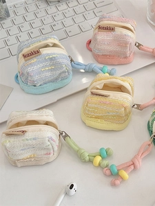 Tweed earphone case with zipper and beaded strap in multiple pastel macaron colors