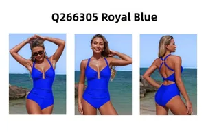 Detailed views of royal blue one-piece swimsuit with V-neck, metal ring, and ruched waist
