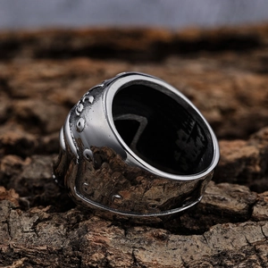 Gothic skull motorcycle helmet ring in vintage stainless steel with industrial textures