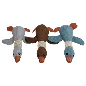 Detailed close-up of durable linen-textured goose plush toys in grey, brown and blue