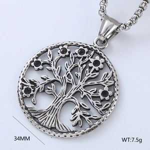 Macro view of silver Tree of Life pendant showing 34mm diameter and 7.5g weight details