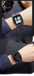 Dual view of black digital sports watch showing luminous display and wrist wear