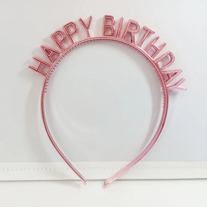 Pink metallic Happy Birthday headband with electroplated finish for party hair accessory