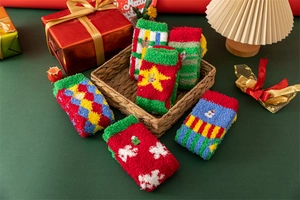 Detailed set of thick coral fleece Christmas socks featuring festive holiday patterns