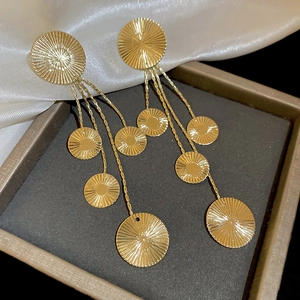 Detail showing gold tassel earrings with sunburst texture disks on silk backdrop