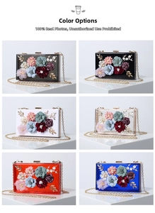 Close-up showing six elegant floral evening clutch bags in various colors and 3D details