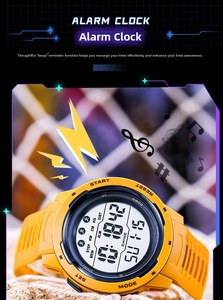 Macro shot of yellow digital sports watch showing alarm and step counter functions