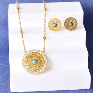 Vintage turquoise mandala jewelry set with hollow gold pendant and matching earrings