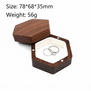 Hexagonal walnut wood jewelry box with white velvet lining and magnetic lid 78x68mm