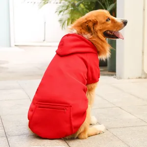 Detail of red fleece dog hoodie with functional zipper pocket on back for Golden Retriever