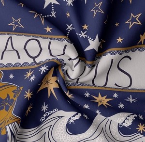 Detailed view of Aquarius tapestry fabric showing the smooth texture and astrological patterns