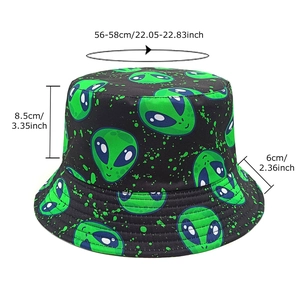 Black alien bucket hat with green graphic and splatter design plus detailed sizing specs