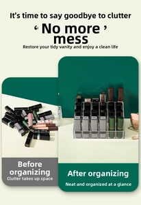 Detailed comparison of messy makeup versus organized lipstick inside acrylic storage box