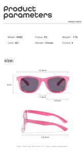 Detailed size chart for square kids sunglasses featuring precise lens and frame measurements