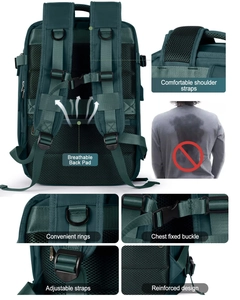 Vista detallada de mochila de viaje verde con panel trasero transpirable y correas.