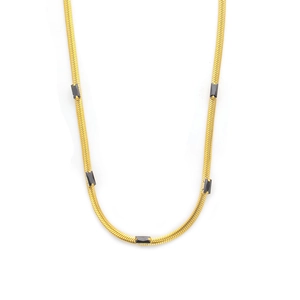 Elegant 18K gold plated titanium necklace with flat snake chain and five black zircons