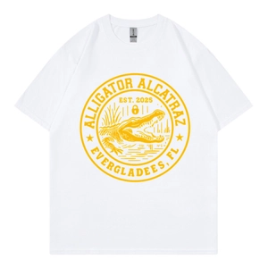 T-shirt en coton blanc avec imprimé Alligator Alcatraz jaune et motif Everglades