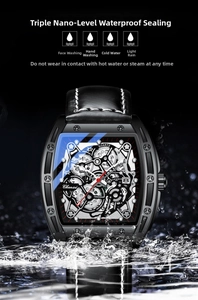 Waterproof tonneau quartz watch with hollow dial design shown with dynamic water splashes