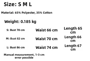Size chart for French blue striped halter dress with polyester and cotton measurements