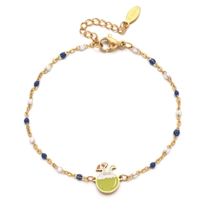 Detail of gold stainless steel bracelet featuring coconut charm and blue enamel beads