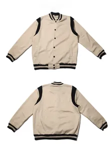Front and back view of beige and black varsity jacket with snap buttons and striped ribbing