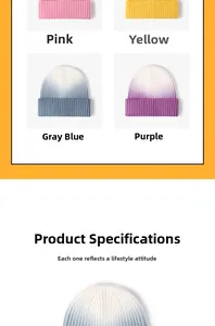 Detailed grid view of four gradient rib-knit beanies in pink, yellow, blue, and purple