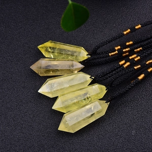 Five natural yellow citrine hexagonal prism pendant necklaces with black braided ropes