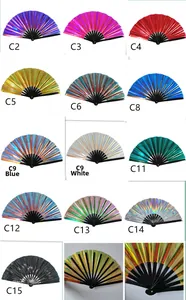 Detailed grid of 33cm laser folding fans showing assorted iridescent color variants