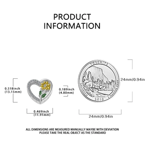Detailed size comparison of sunflower heart charm with 13.15mm height and 24mm coin