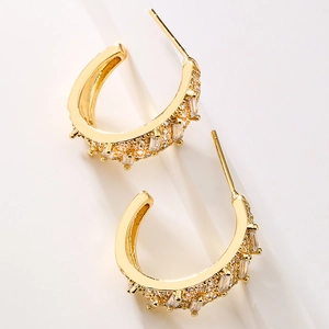 Elegant gold-plated hoop earrings with rectangular and round pavé cubic zirconia