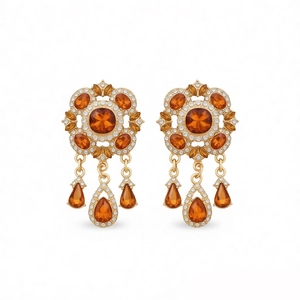 Vintage gold earrings with orange gemstones and water drop pearls in a luxury set