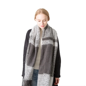 Women's autumn winter grey plaid scarf with soft tassels and warm knit texture