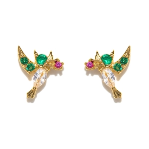 Close-up of golden hummingbird studs with green, pink, and clear cubic zirconia stones