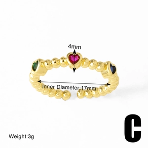 Detail view of gold open ring with heart gemstones showing 17mm inner diameter and dimensions