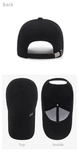 Detailed views showing the back, top, and inside of a black canvas baseball cap with M logo