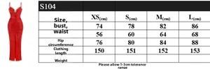 Detailed size chart for red sequin party dress with bust, waist, and hip measurements