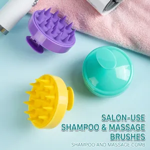 Scalp massager brushes in purple, yellow, and green colors for hair washing and scalp care