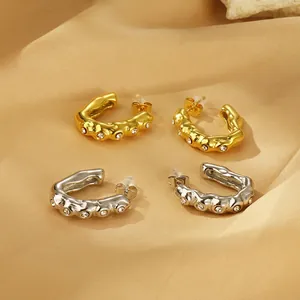 Boucles D'oreilles Créoles En Forme De C Pour Femmes Style Français Acier Au Titane Texture Martelée Irrégulière Zircon