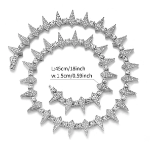 Silver spiked Cuban chain necklace with clear rhinestones, 45cm length and 1.5cm width