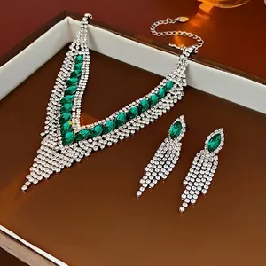 Marquise Green Rhinestone Fringe Necklace And Earrings Copper Jewelry For Women Wedding Evening Party Luxury Vintage