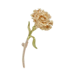 Elegant gold carnation brooch with green leaf detail, zinc alloy floral pin accessory