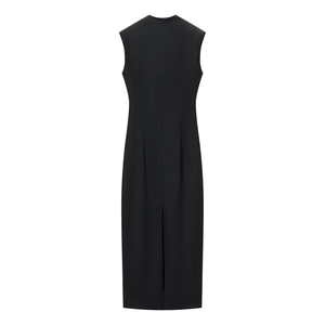 Back view of sleek black sleeveless maxi dress with high collar and subtle slit