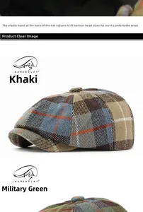 Detail of checkered newsboy cap showing back elastic band for adjustable sizing