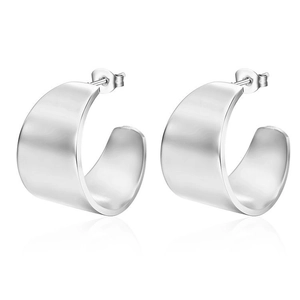 Minimalist silver wide C-shape titanium steel earrings with high-gloss finish on white
