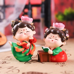 Pair of cute resin Tang Dynasty lady figurines in traditional dress for desk decor